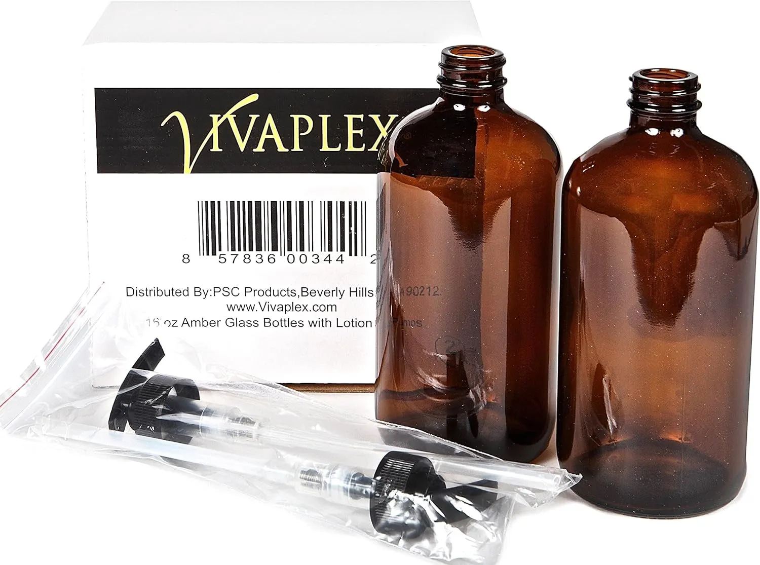 , 2, Large, 16 Oz, Empty, Amber Glass Bottles with Black Lotion Pumps