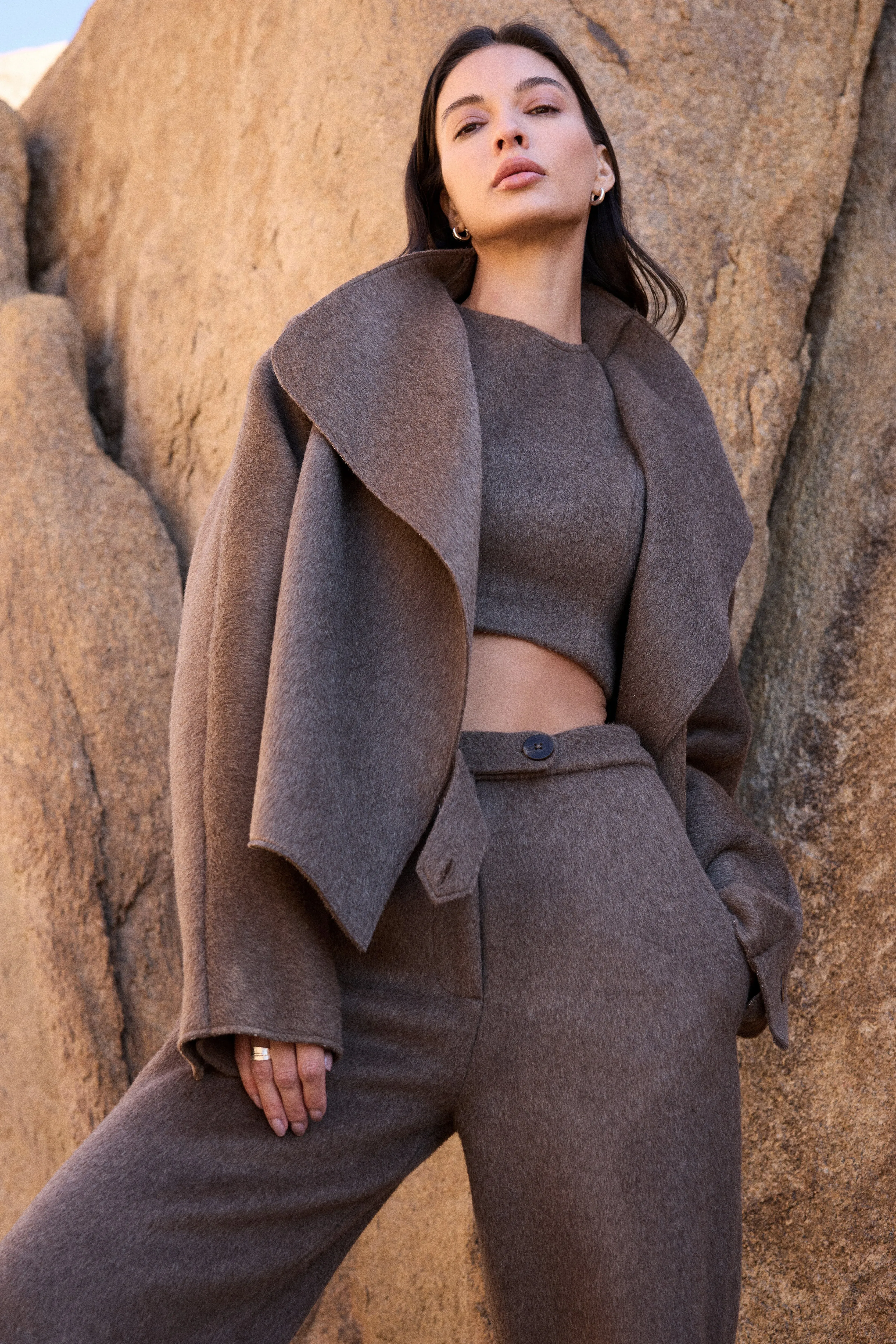 100% Merino Wool Fluid Coat (Bark) & 100% Merino Wool Pants (Bark)