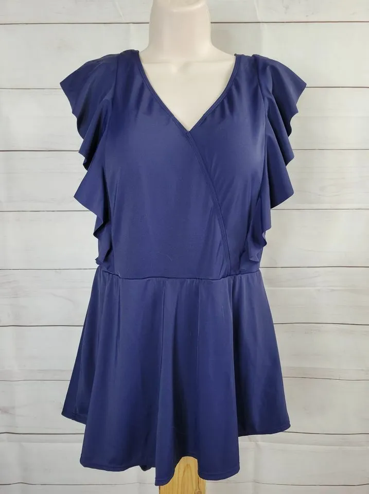 12R NAVY A375170 Denim & Co. Beach Wrap Front Swim Dress with Ruffle Detail