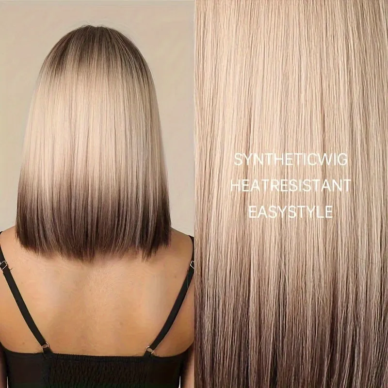 14 Inch Chic Synthetic Ombre Wigs - Champagne Blonde with Brownish Black Roots - Flawless Blend for Daily Glam, Parties & Cosplay - Womens Fashion, Premium Comfort Fit
