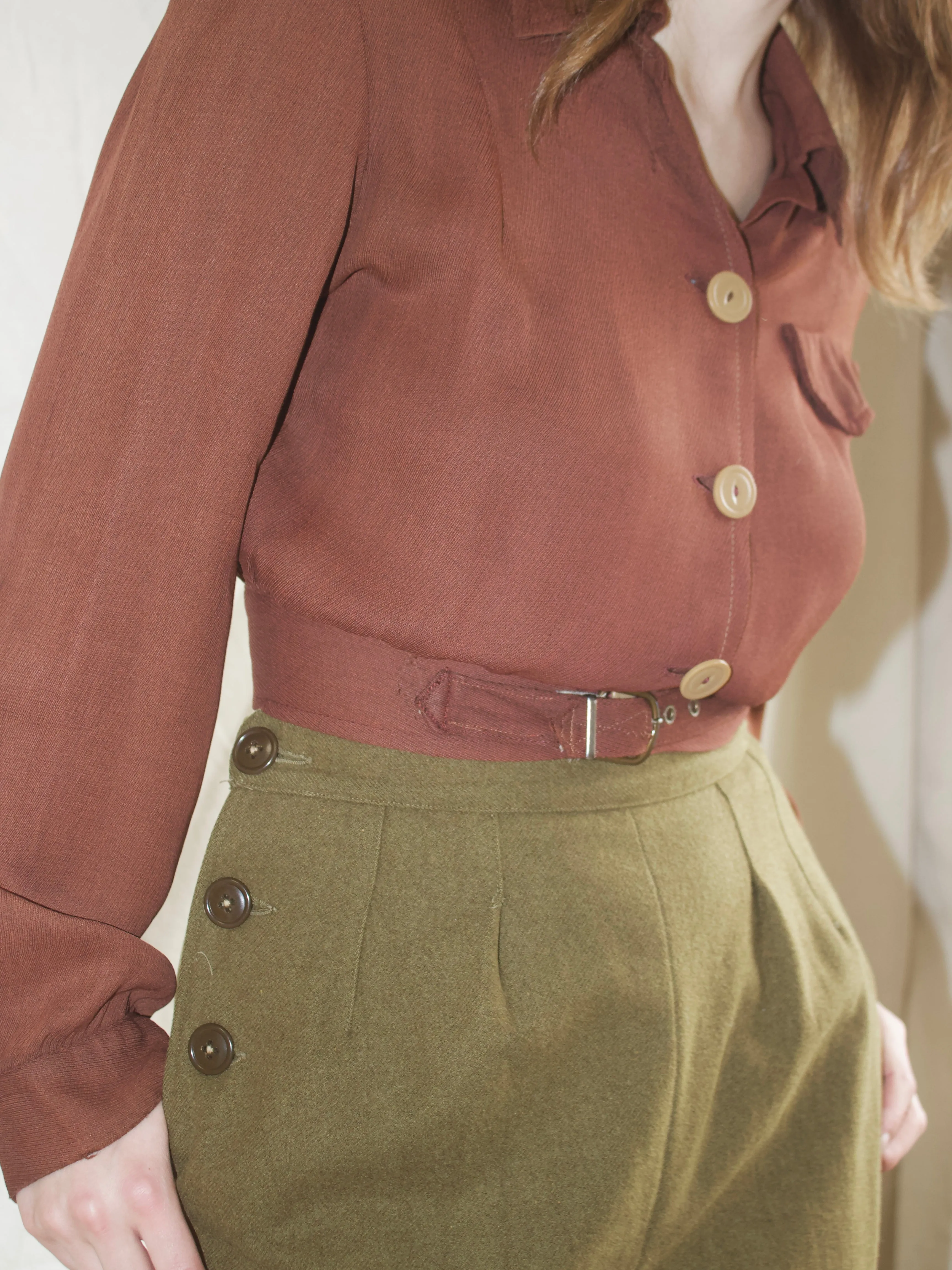 1940s Pleated Side Button Army Wool Trousers