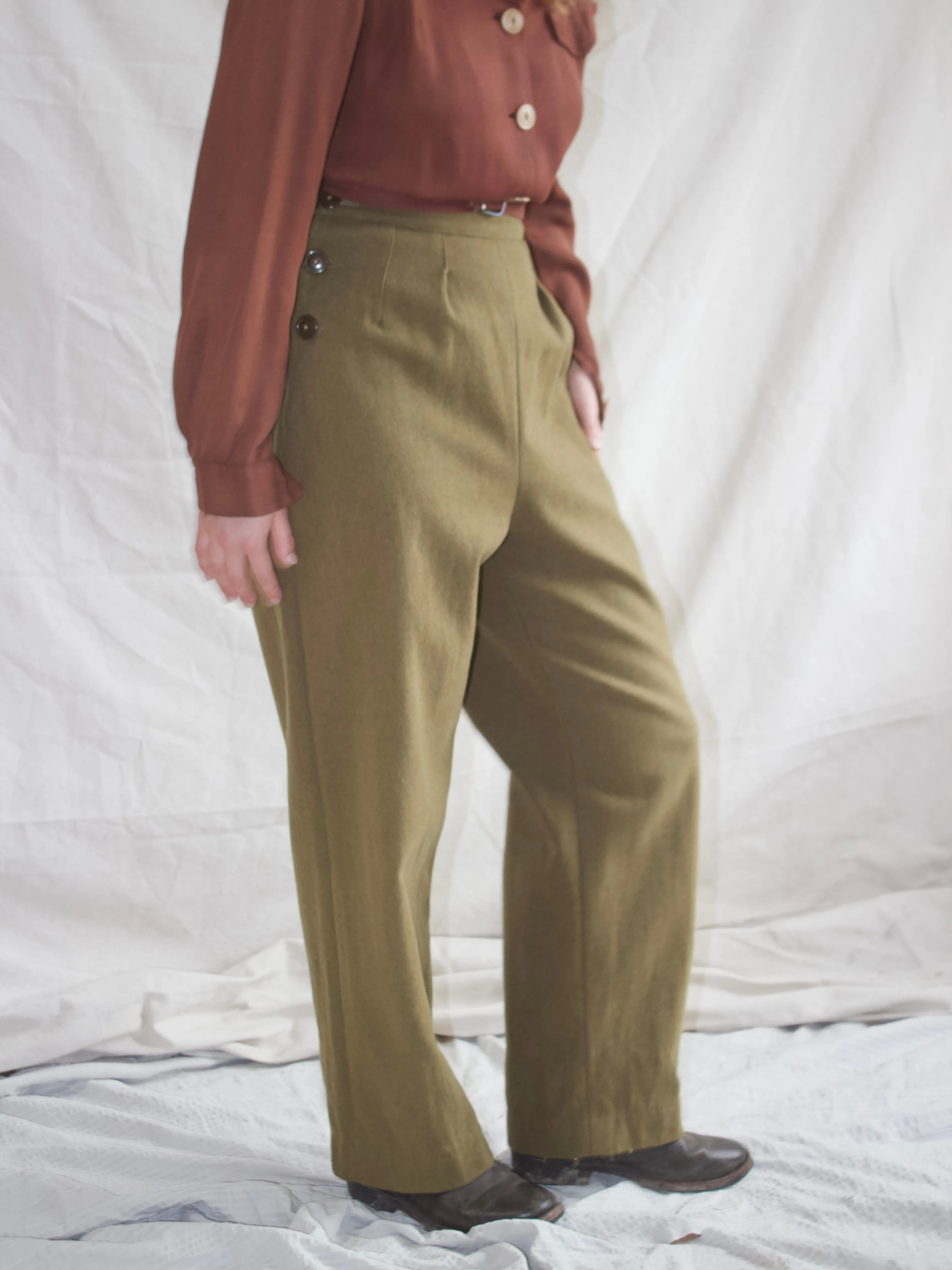 1940s Pleated Side Button Army Wool Trousers