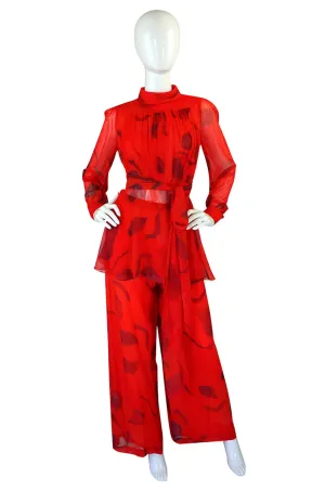 1970s Printed Red Silk Chiffon Set