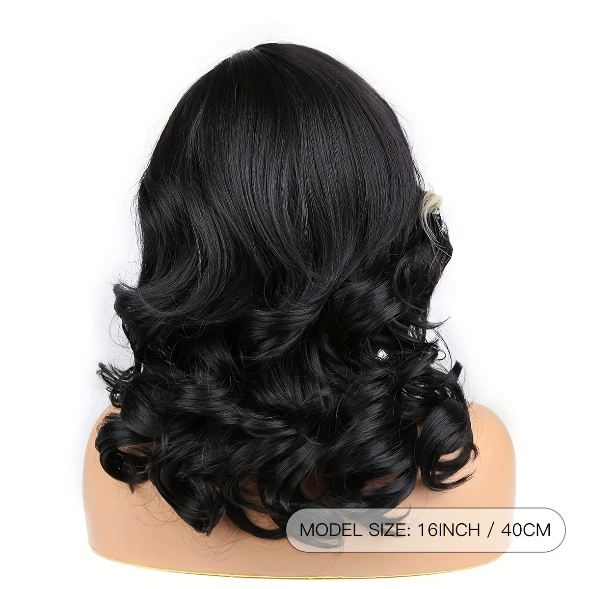 4*1 Lace Front Wig - Bouncy 16 Inch Curly Shoulder Length - Flattering Side Part - Rich Black Synthetic Hair for Women - Ultra-Realistic & Durable