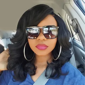 4*1 Lace Front Wig - Bouncy 16 Inch Curly Shoulder Length - Flattering Side Part - Rich Black Synthetic Hair for Women - Ultra-Realistic & Durable
