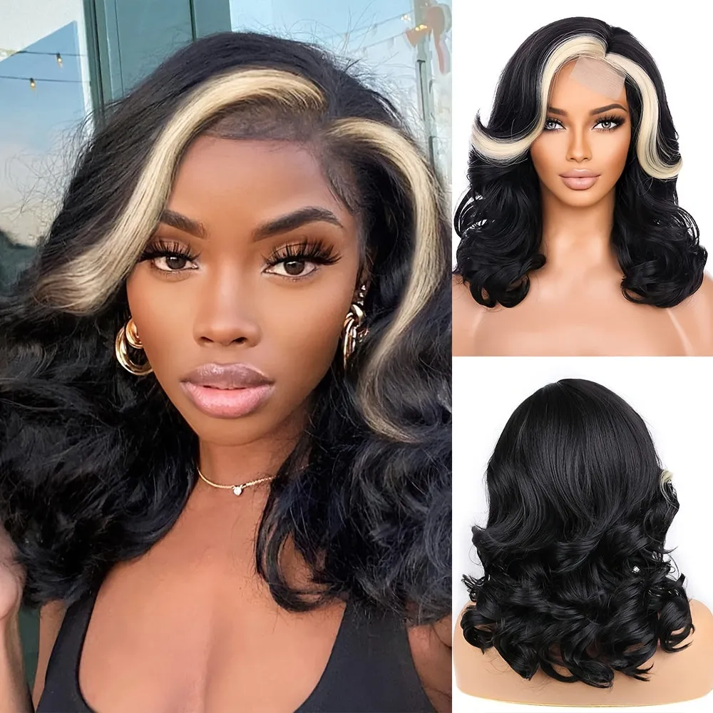 4*1 Lace Front Wig - Bouncy 16 Inch Curly Shoulder Length - Flattering Side Part - Rich Black Synthetic Hair for Women - Ultra-Realistic & Durable