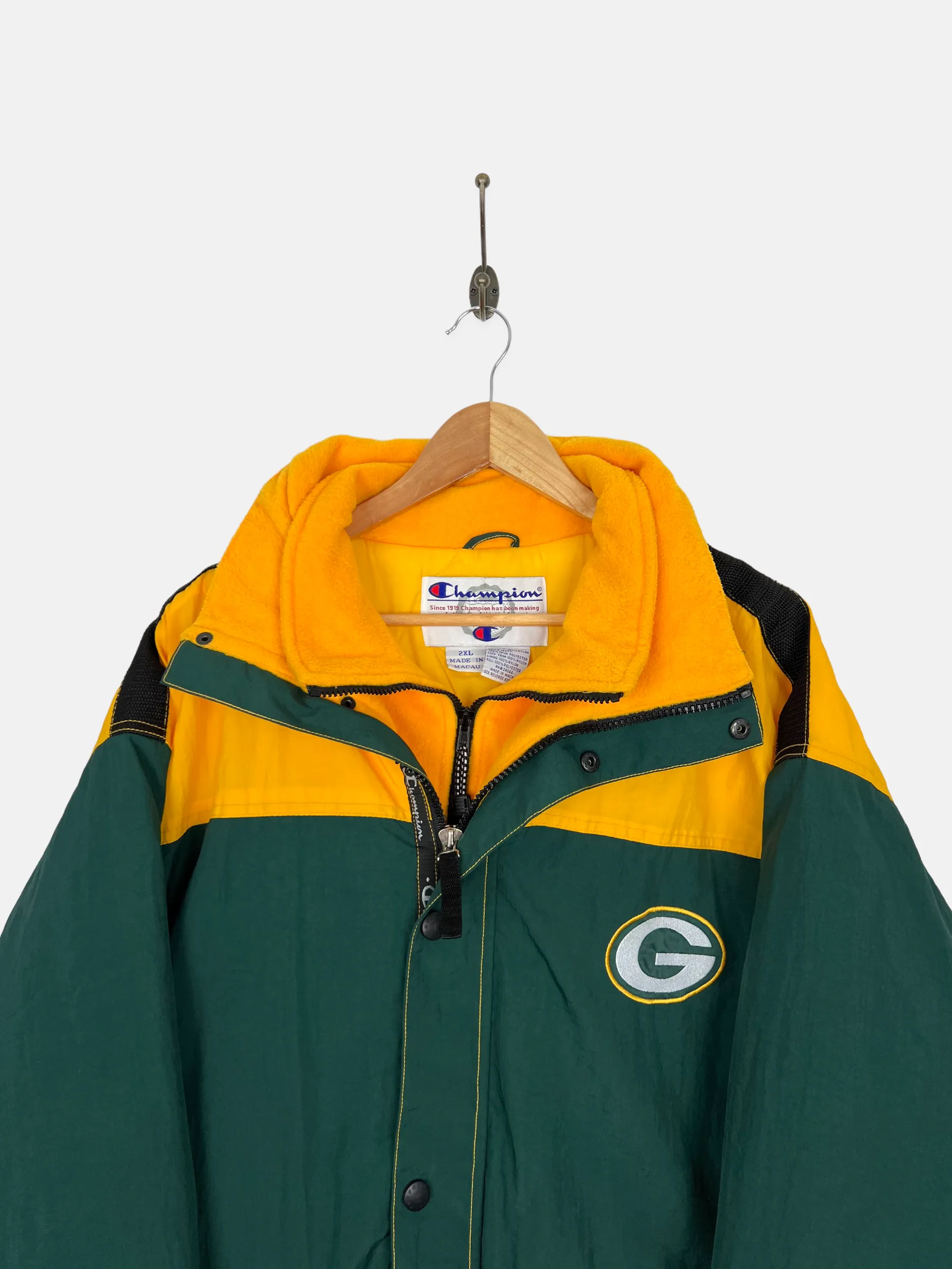 90's Green Bay Packers NFL Champion Embroidered Vintage Puffer Jacket with Hood Size 2-3XL