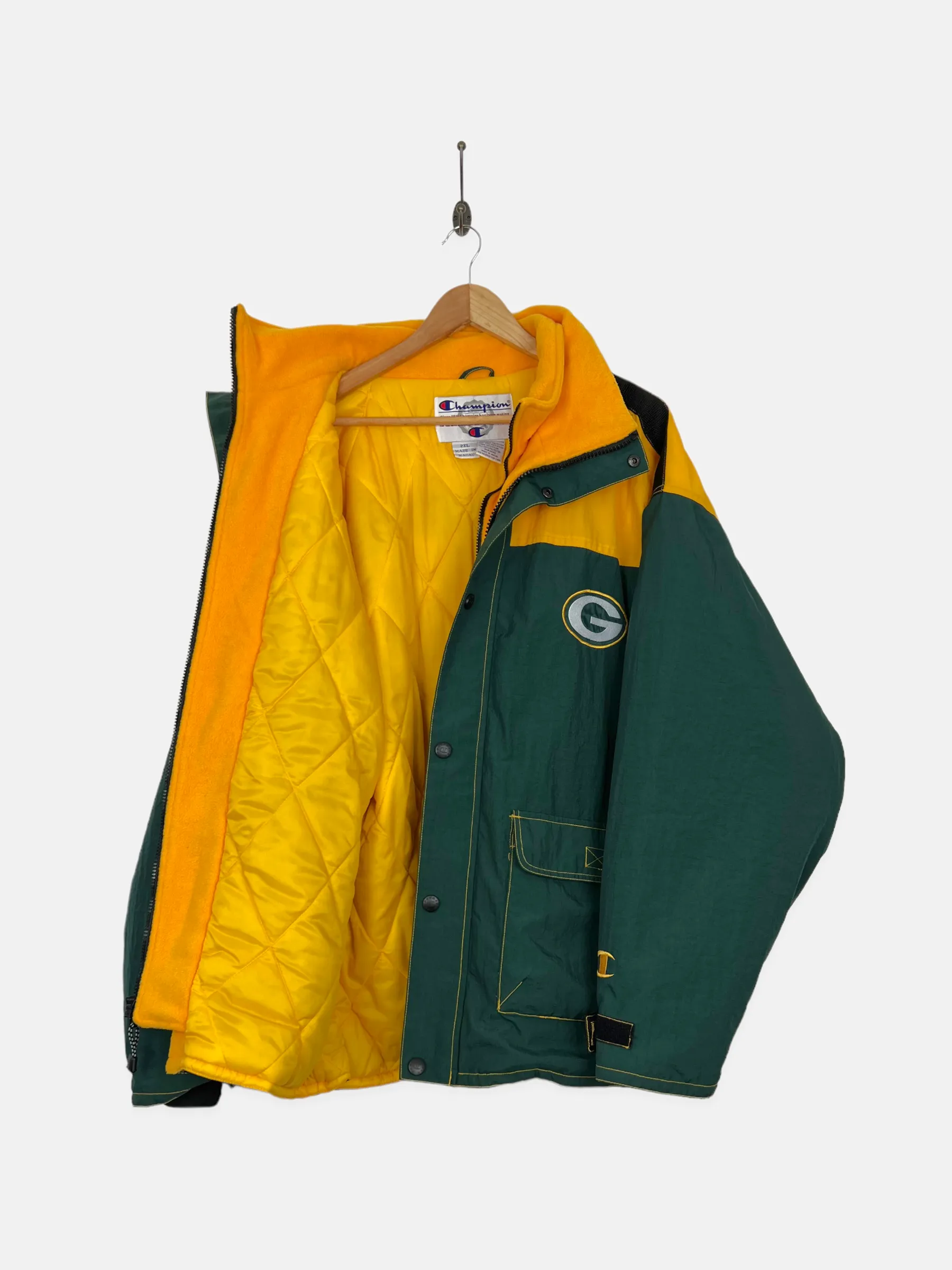 90's Green Bay Packers NFL Champion Embroidered Vintage Puffer Jacket with Hood Size 2-3XL
