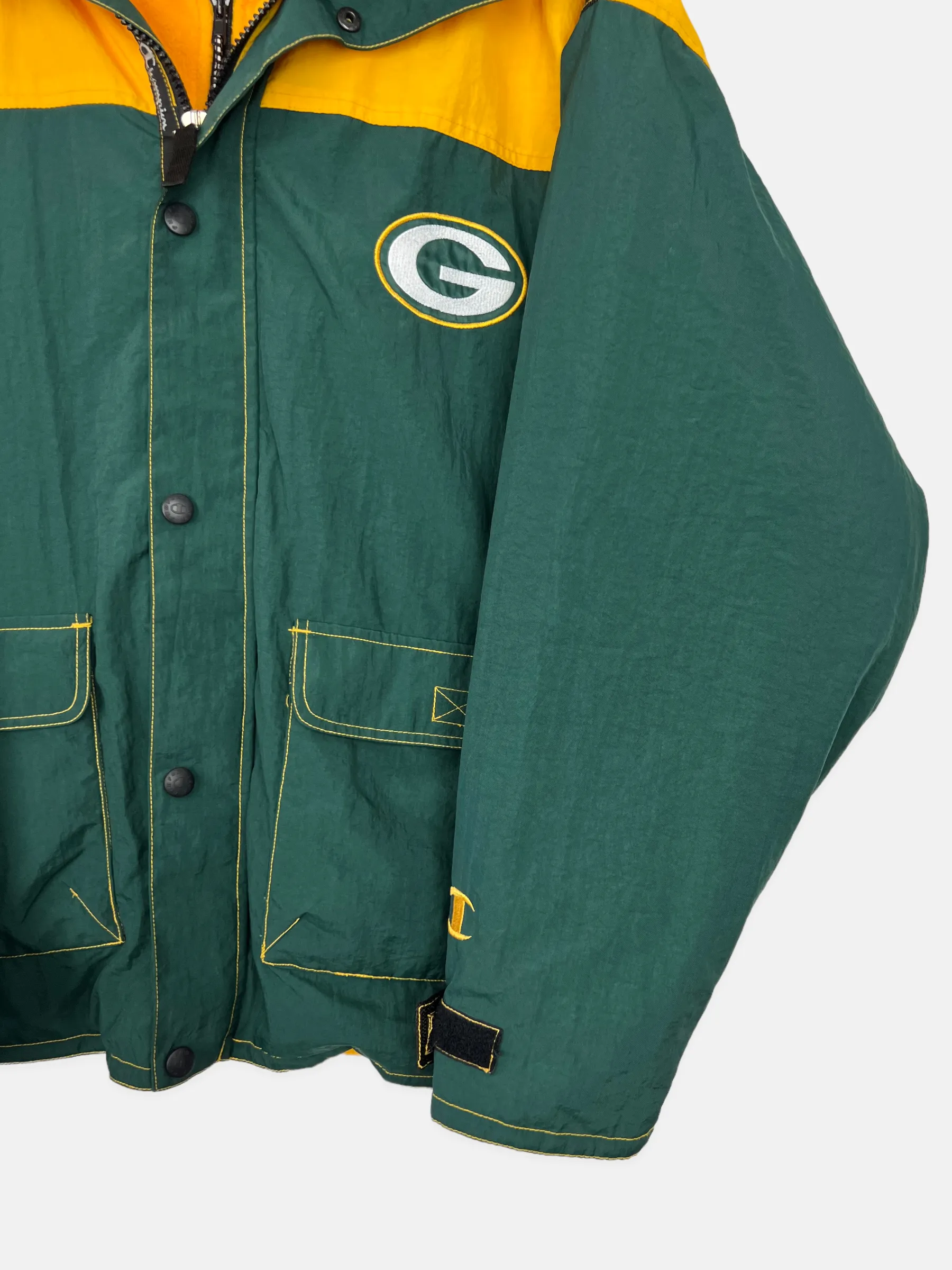 90's Green Bay Packers NFL Champion Embroidered Vintage Puffer Jacket with Hood Size 2-3XL