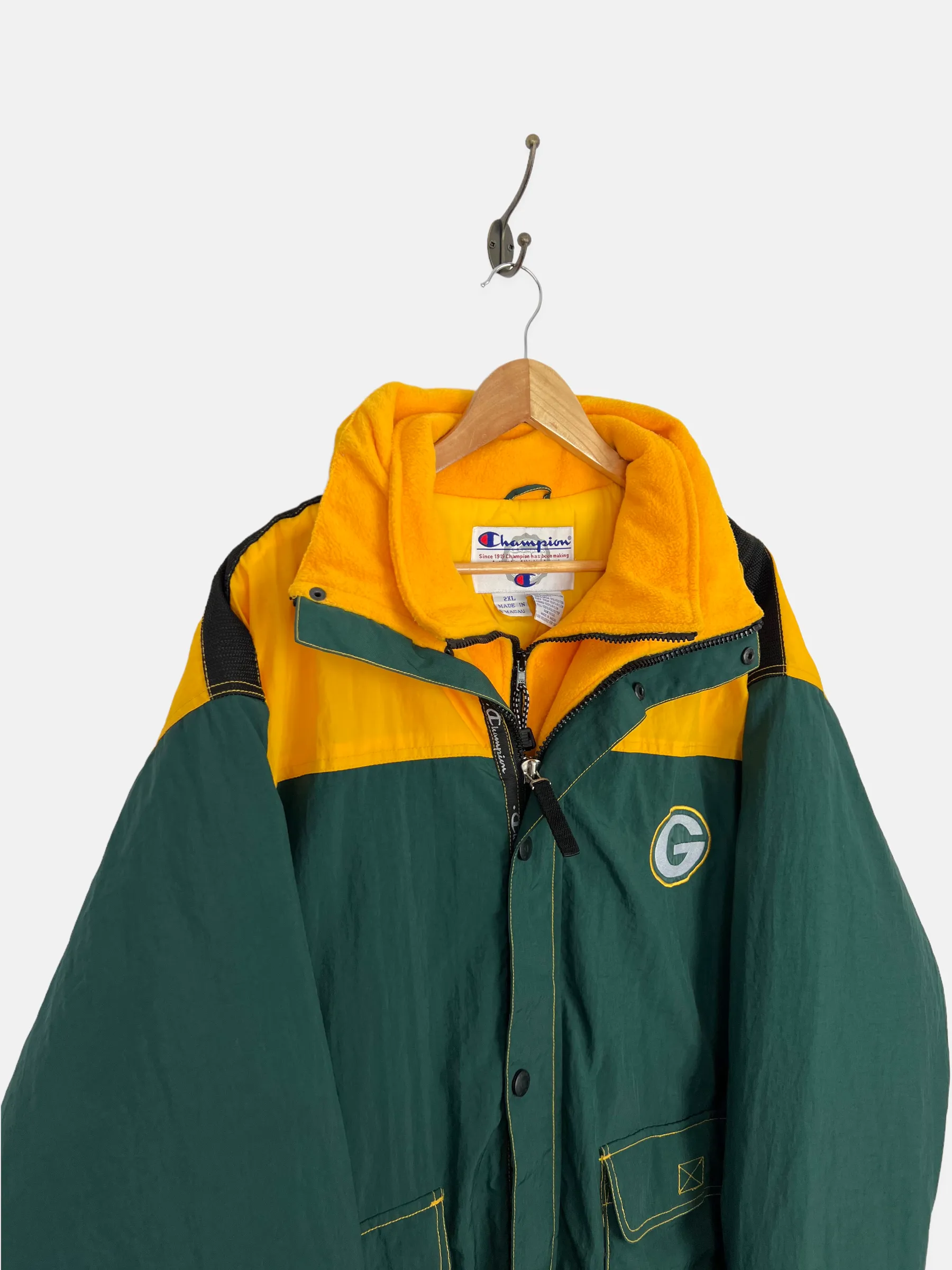 90's Green Bay Packers NFL Champion Embroidered Vintage Puffer Jacket with Hood Size 2-3XL