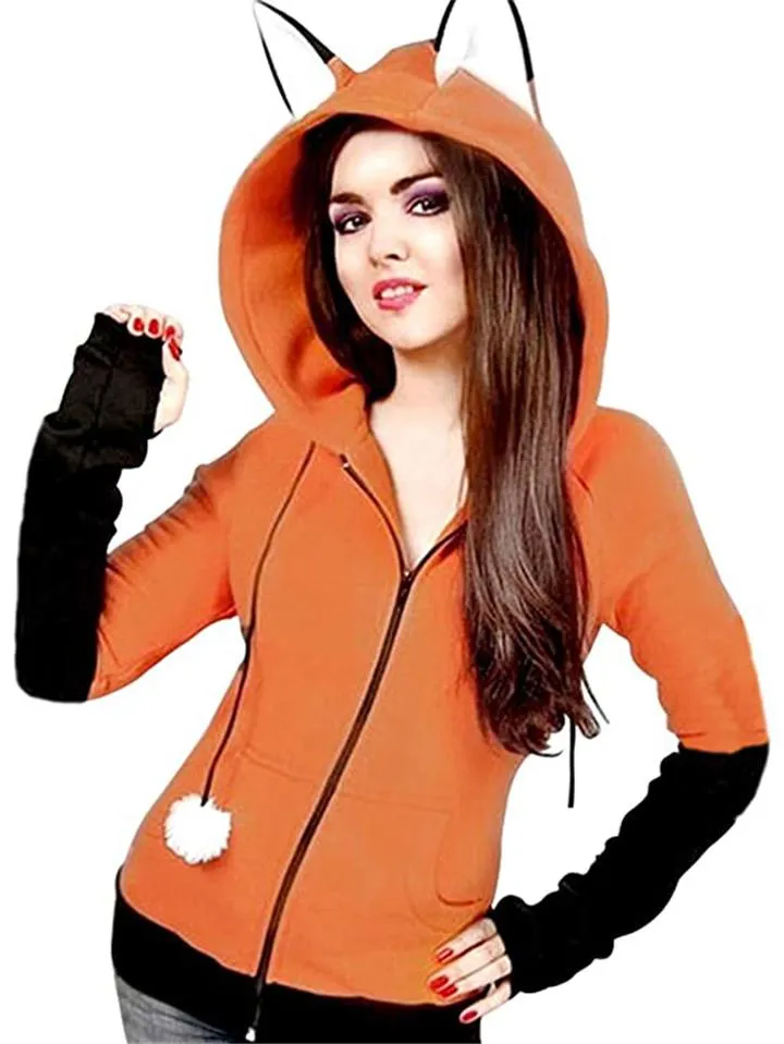 Adorable Fox Ear Drawstring Hooded Full Zipper Sweatshirt