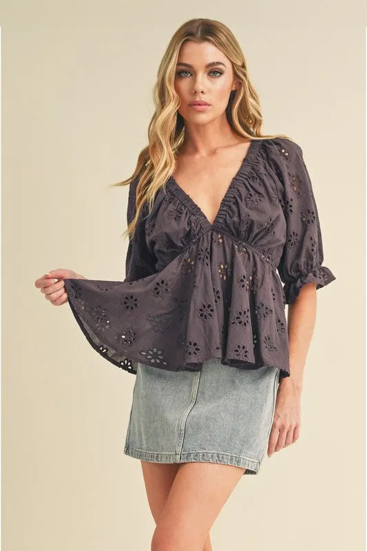 Aemi   Co Eyelet Embroidered V-Neck Half Sleeve Peplum Blouse