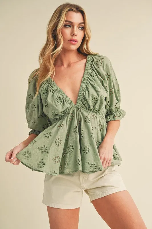 Aemi   Co Eyelet Embroidered V-Neck Half Sleeve Peplum Blouse