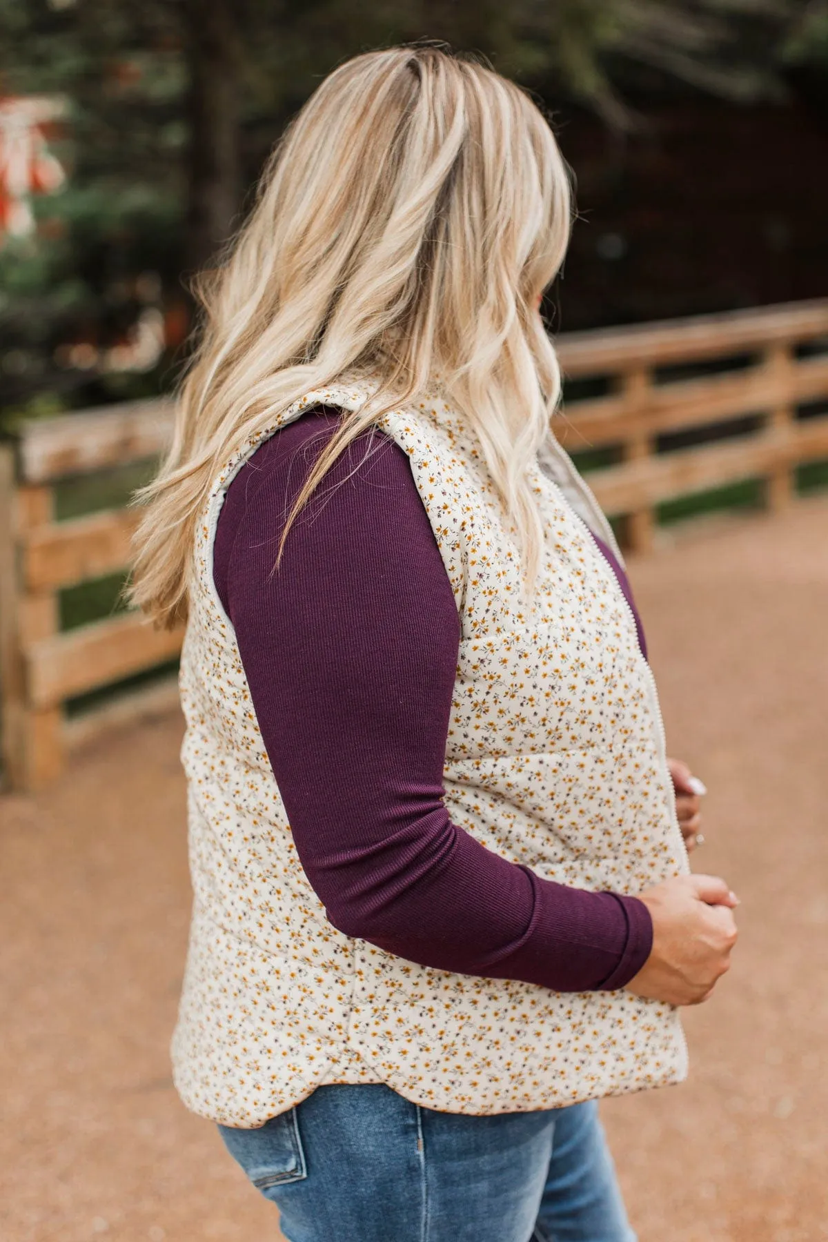 All My Adoration Floral Puffer Vest- Ivory