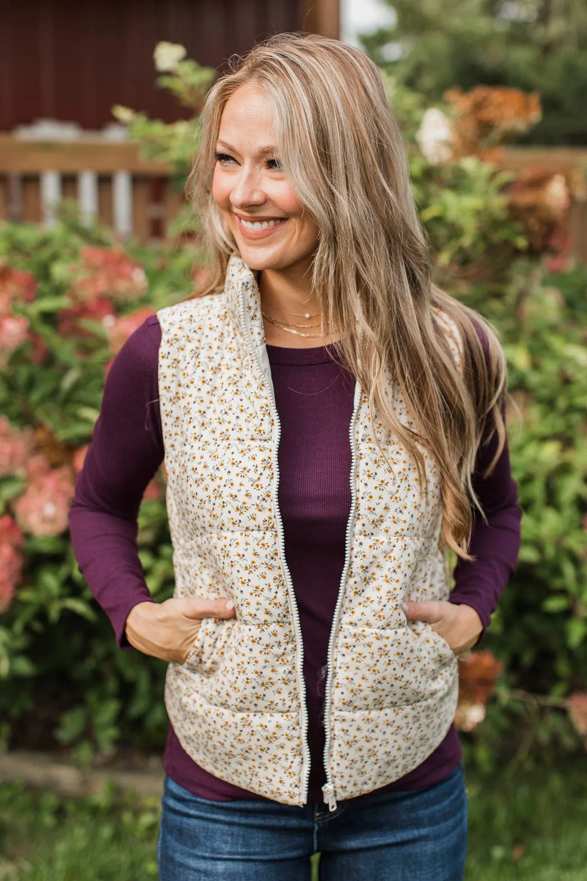 All My Adoration Floral Puffer Vest- Ivory