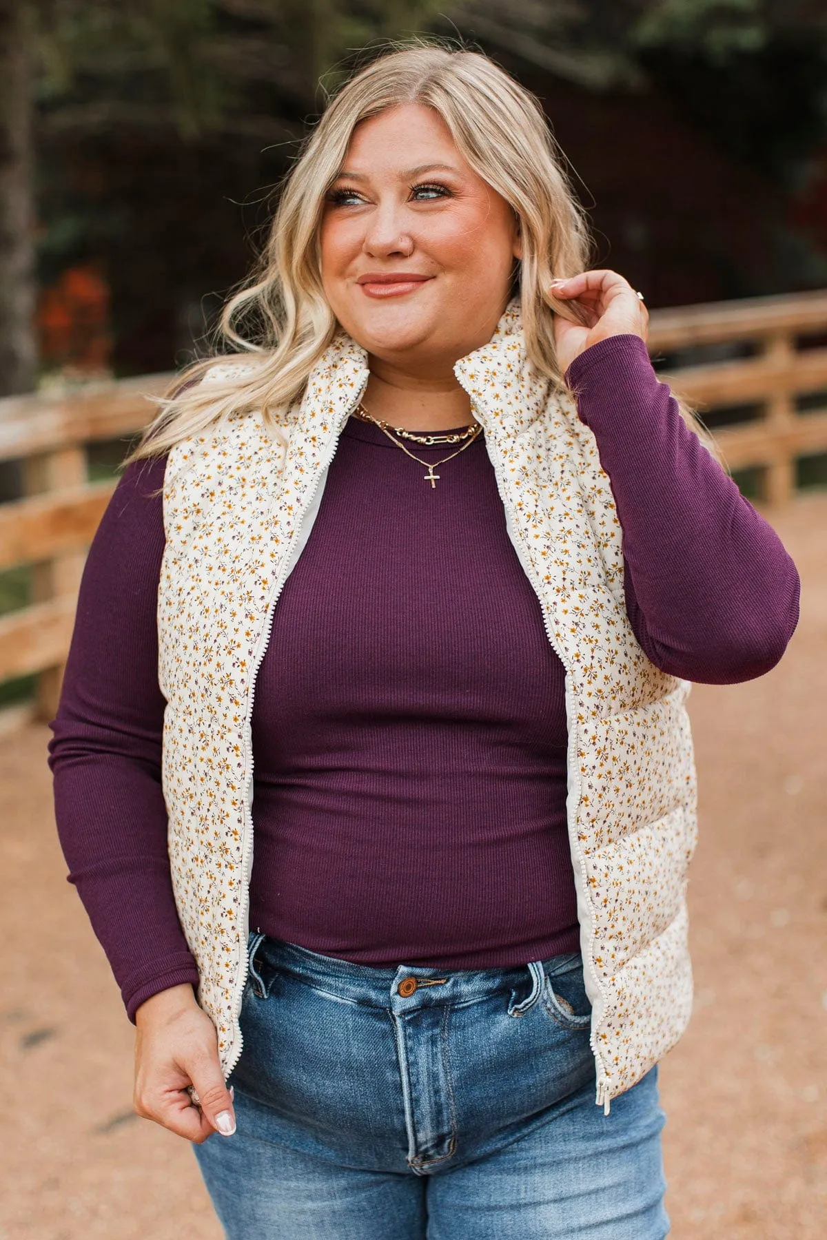 All My Adoration Floral Puffer Vest- Ivory