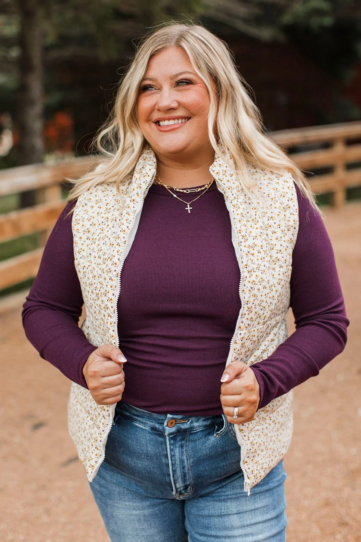 All My Adoration Floral Puffer Vest- Ivory