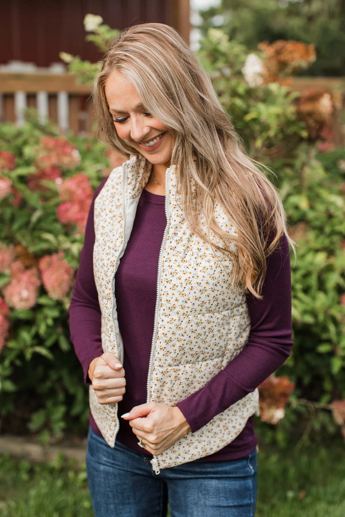 All My Adoration Floral Puffer Vest- Ivory