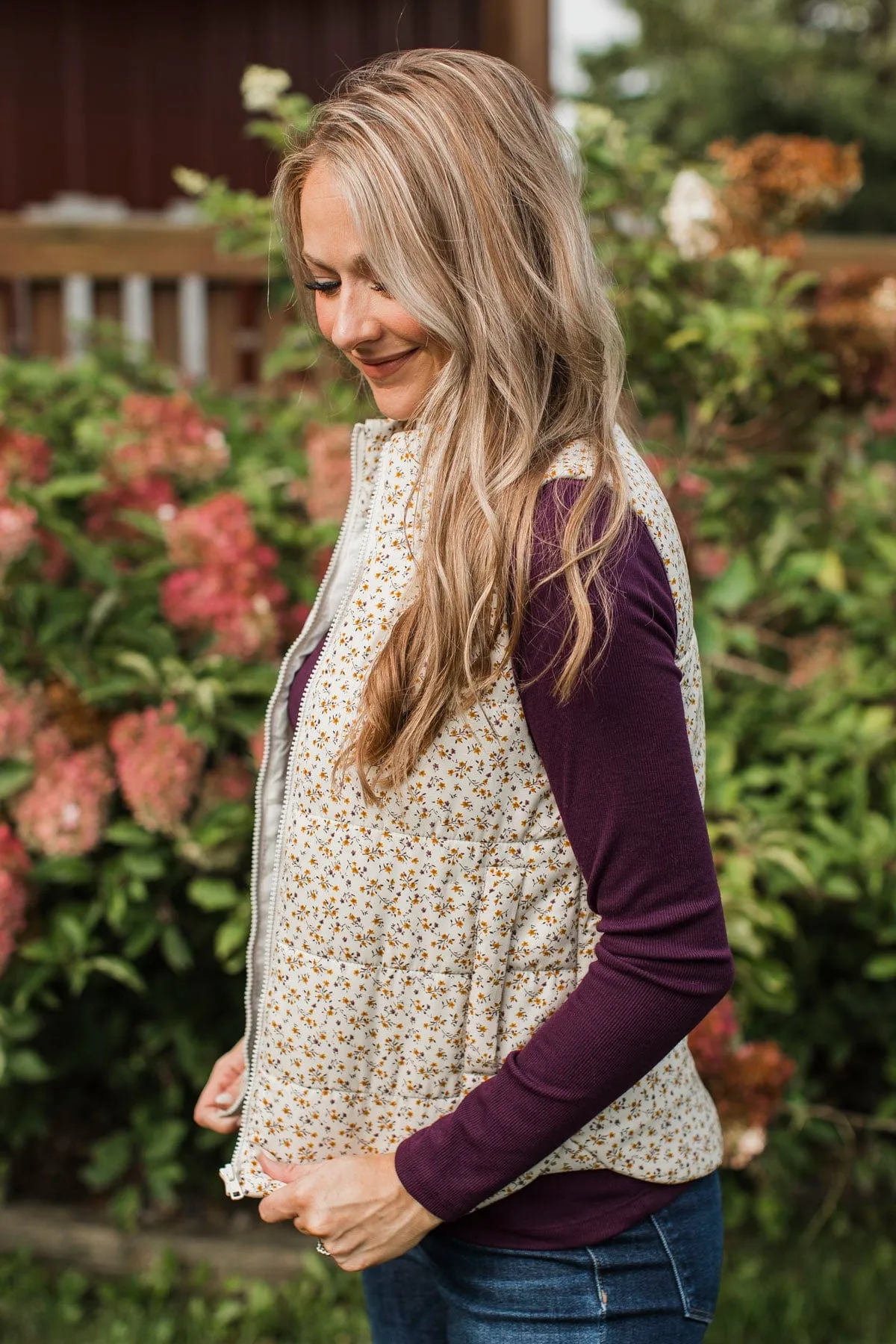 All My Adoration Floral Puffer Vest- Ivory
