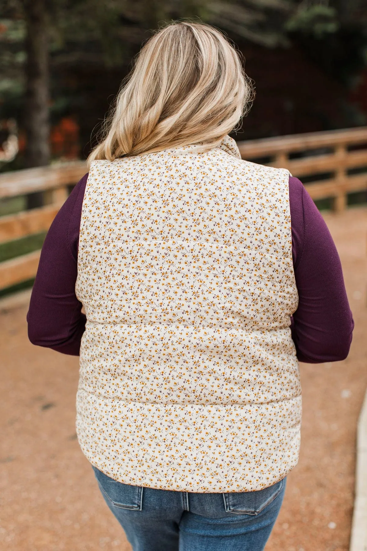 All My Adoration Floral Puffer Vest- Ivory