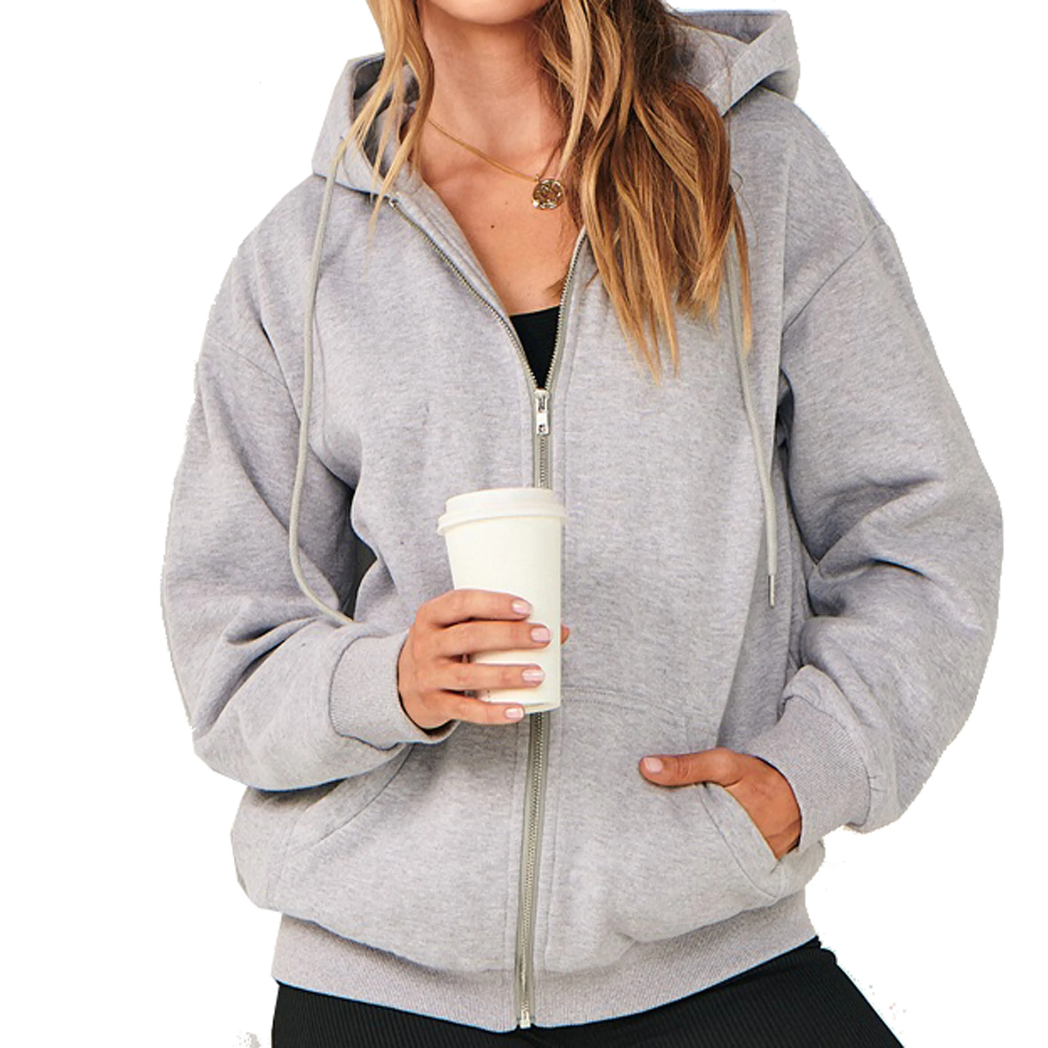 Anuohiss Full Zip Hoodie Sweatshirt for Women, Long Sleeve with Front Pockets, Light Grey-M…