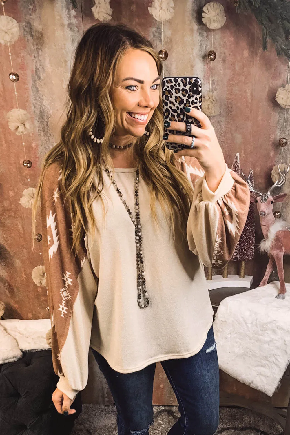Apricot Western Print Patch Long Sleeve Top