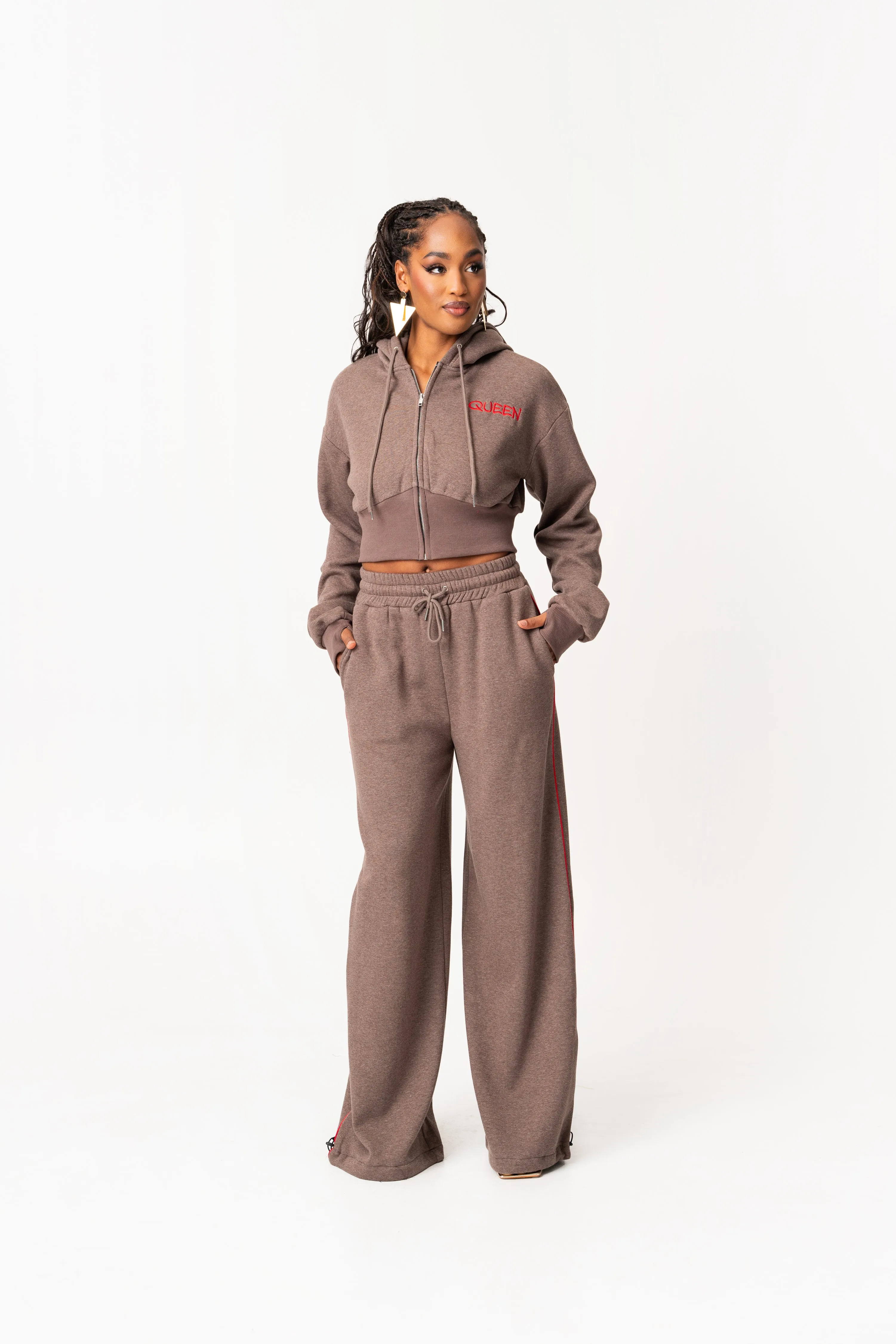 ASH BROWN QUEEN Plush fleece Crop Hoodie