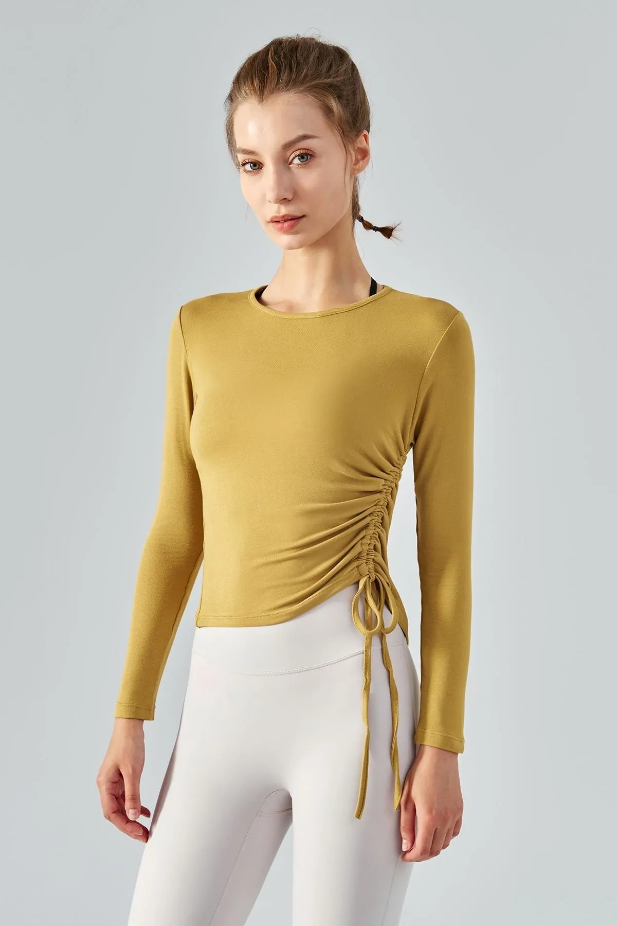 Asymmetrical Hem Long Sleeve Tops with Drawstring