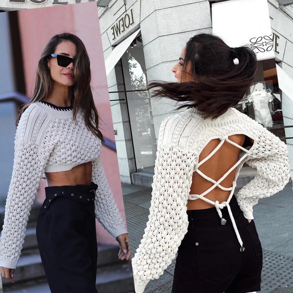 Backless Hollow-out Round Neck Sweaters Crop Tops