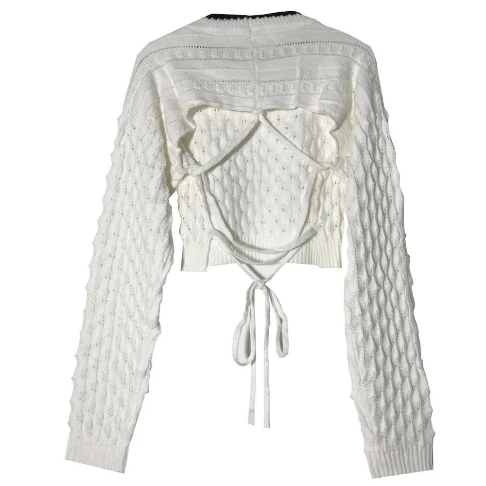 Backless Hollow-out Round Neck Sweaters Crop Tops