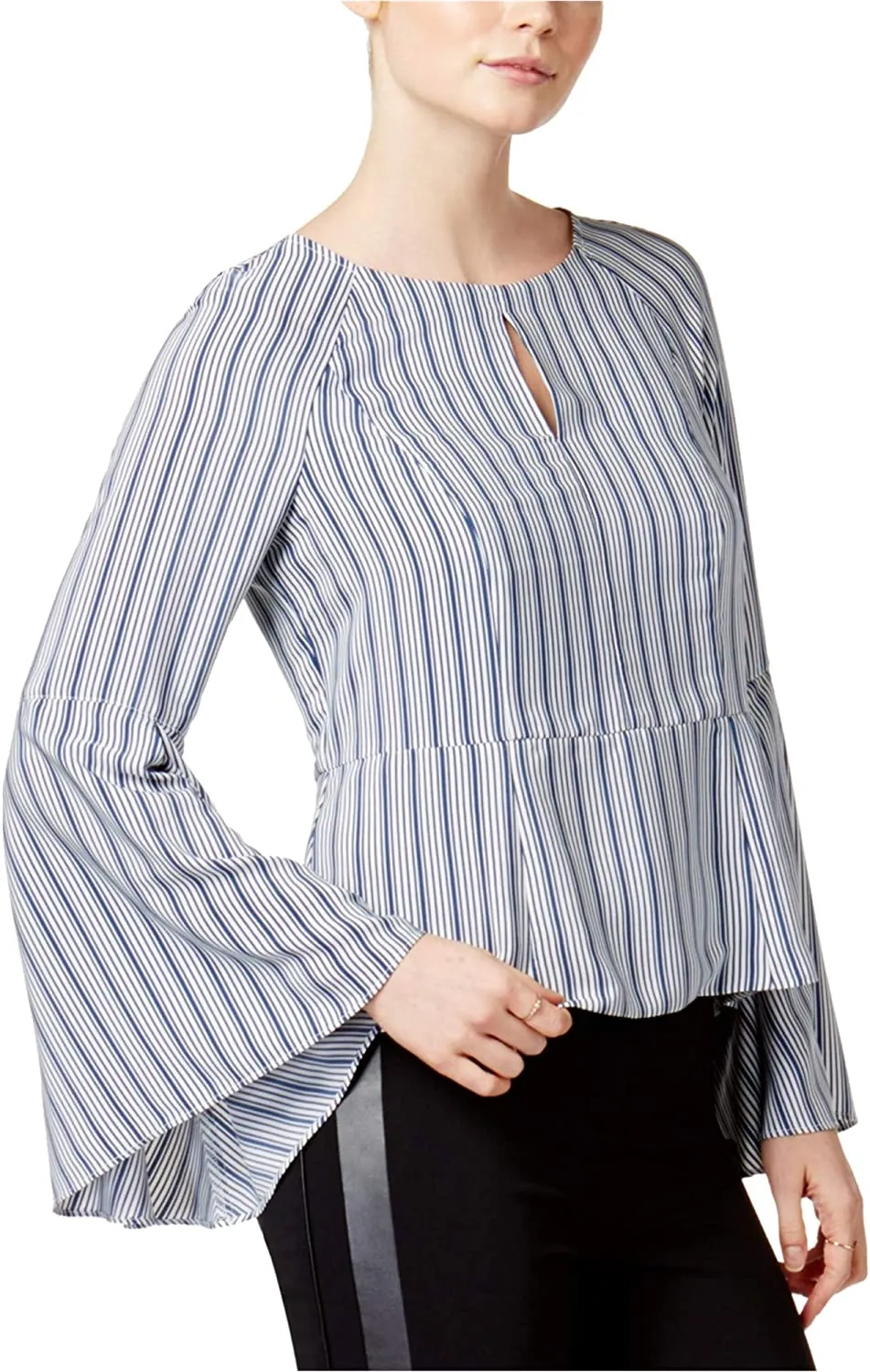 Bar III | Antibes Woven Bell Sleeve Stipe Top | White | XS