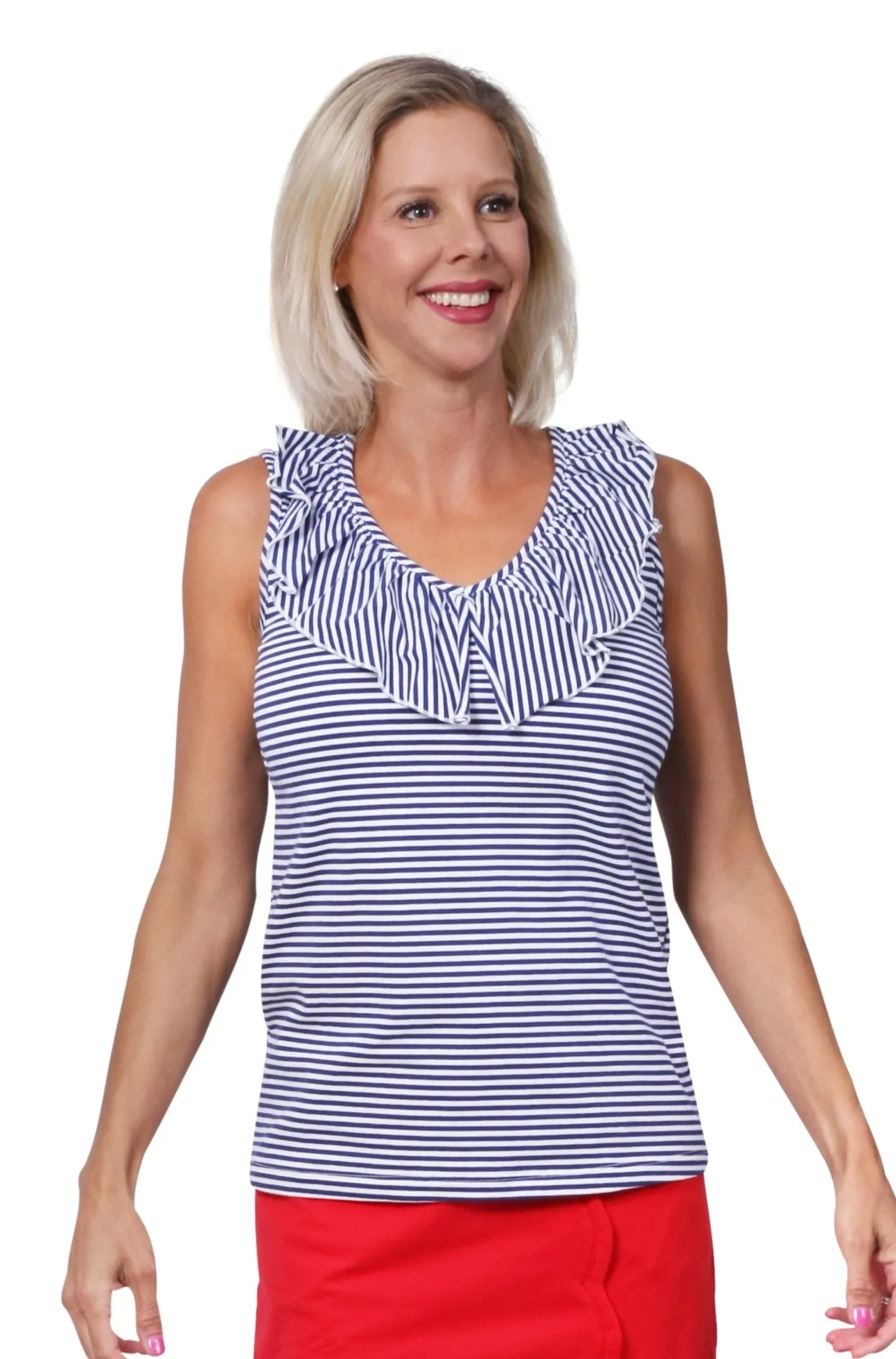Baylor Ruffle Sleeveless Top Navy Stripe
