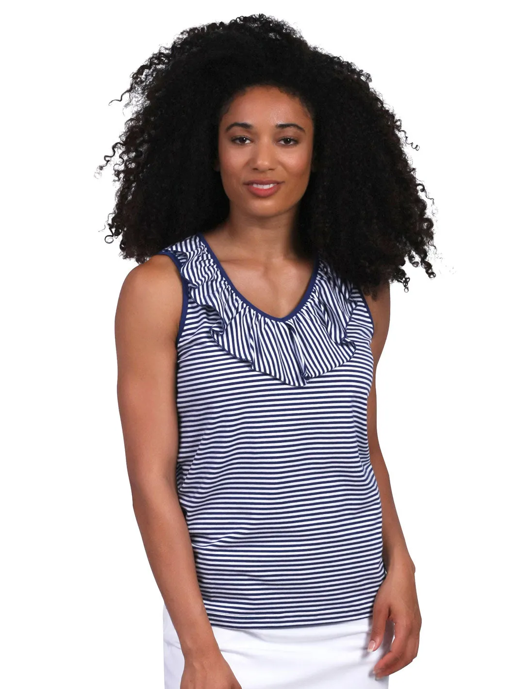 Baylor Ruffle Sleeveless Top Peri Stripe