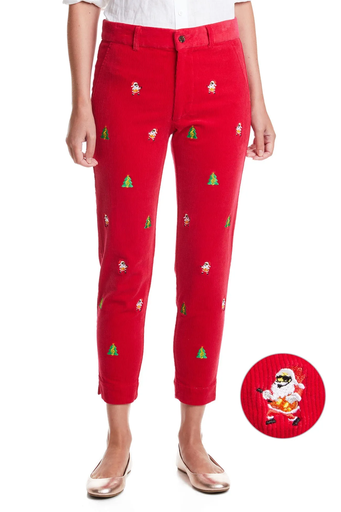 Beachcomber Corduroy Ankle Capri Crimson with Rockin Around the Christmas Tree