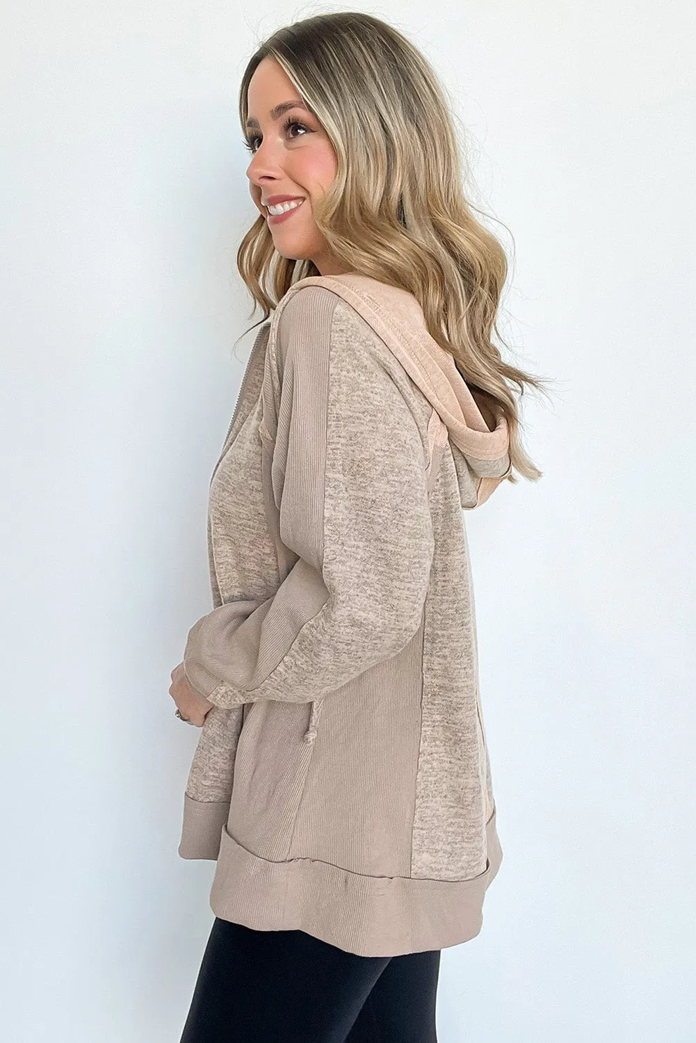 Beige Contrast Patchwork Zip Up Drawstring Hoodie