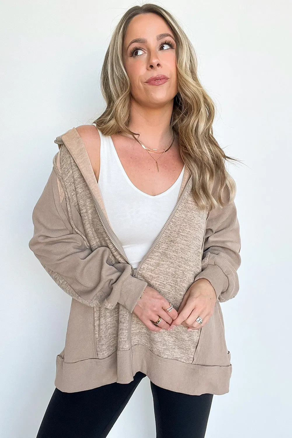 Beige Contrast Patchwork Zip Up Drawstring Hoodie