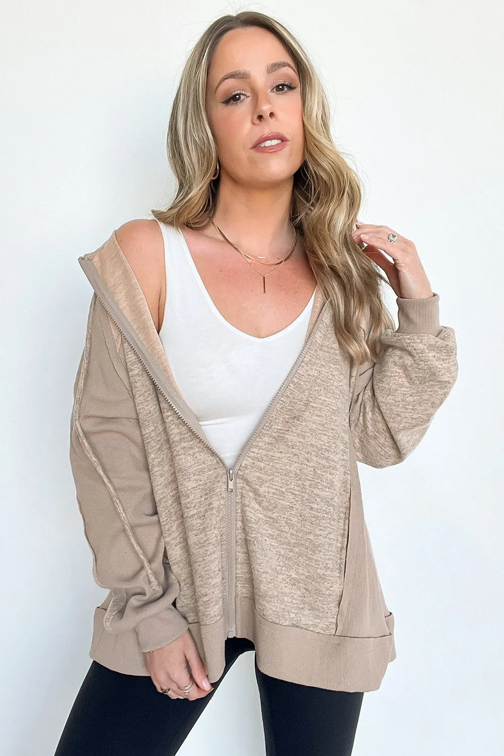 Beige Contrast Patchwork Zip Up Drawstring Hoodie