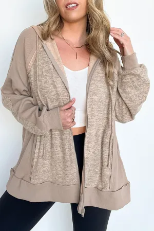 Beige Contrast Patchwork Zip Up Drawstring Hoodie