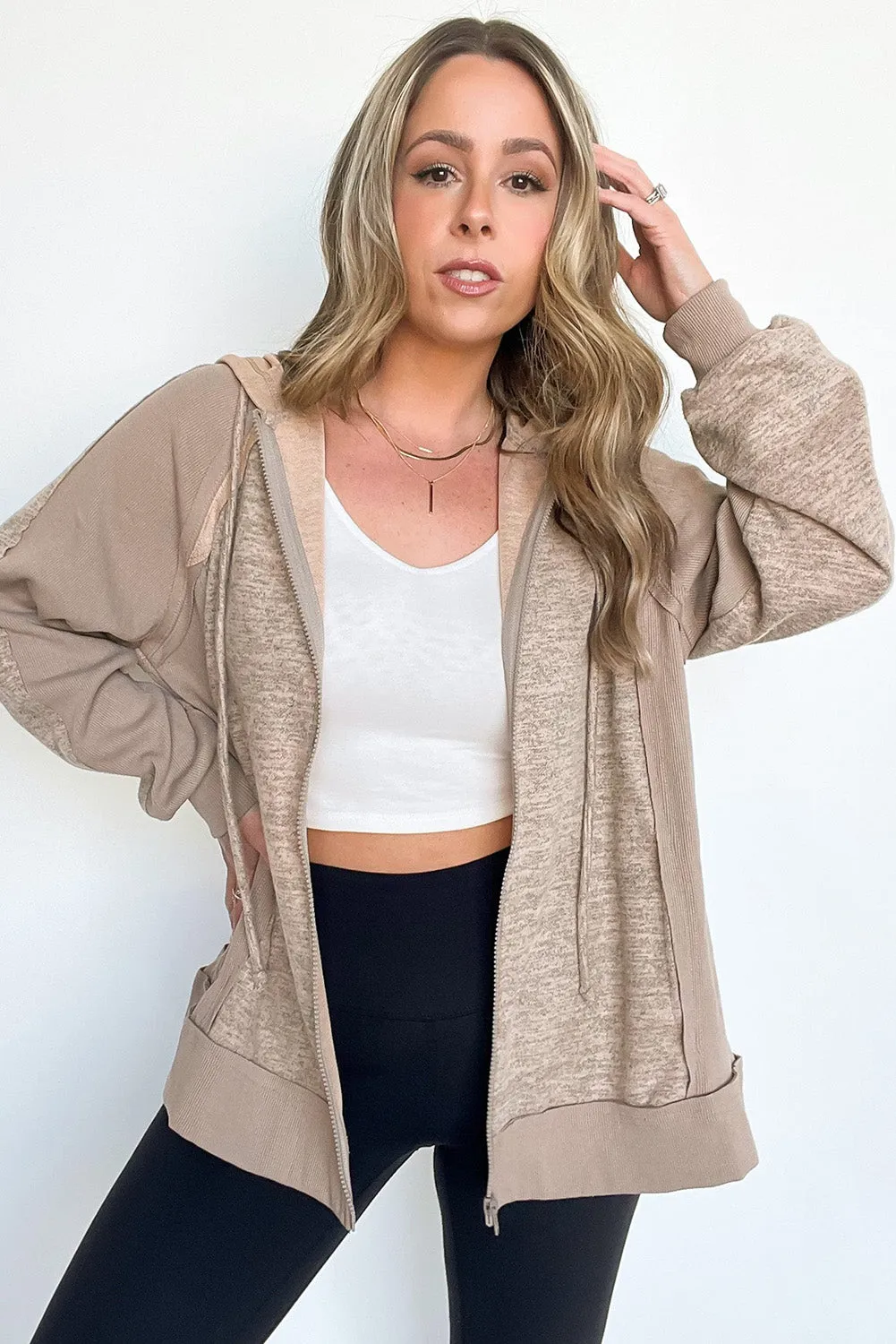 Beige Contrast Patchwork Zip Up Drawstring Hoodie