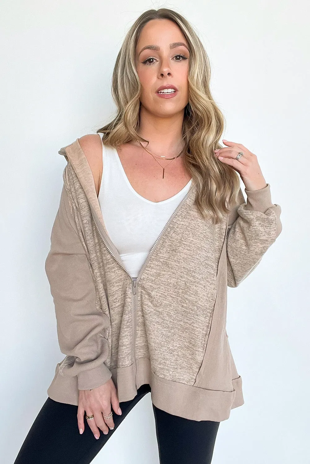 Beige Contrast Patchwork Zip Up Drawstring Hoodie