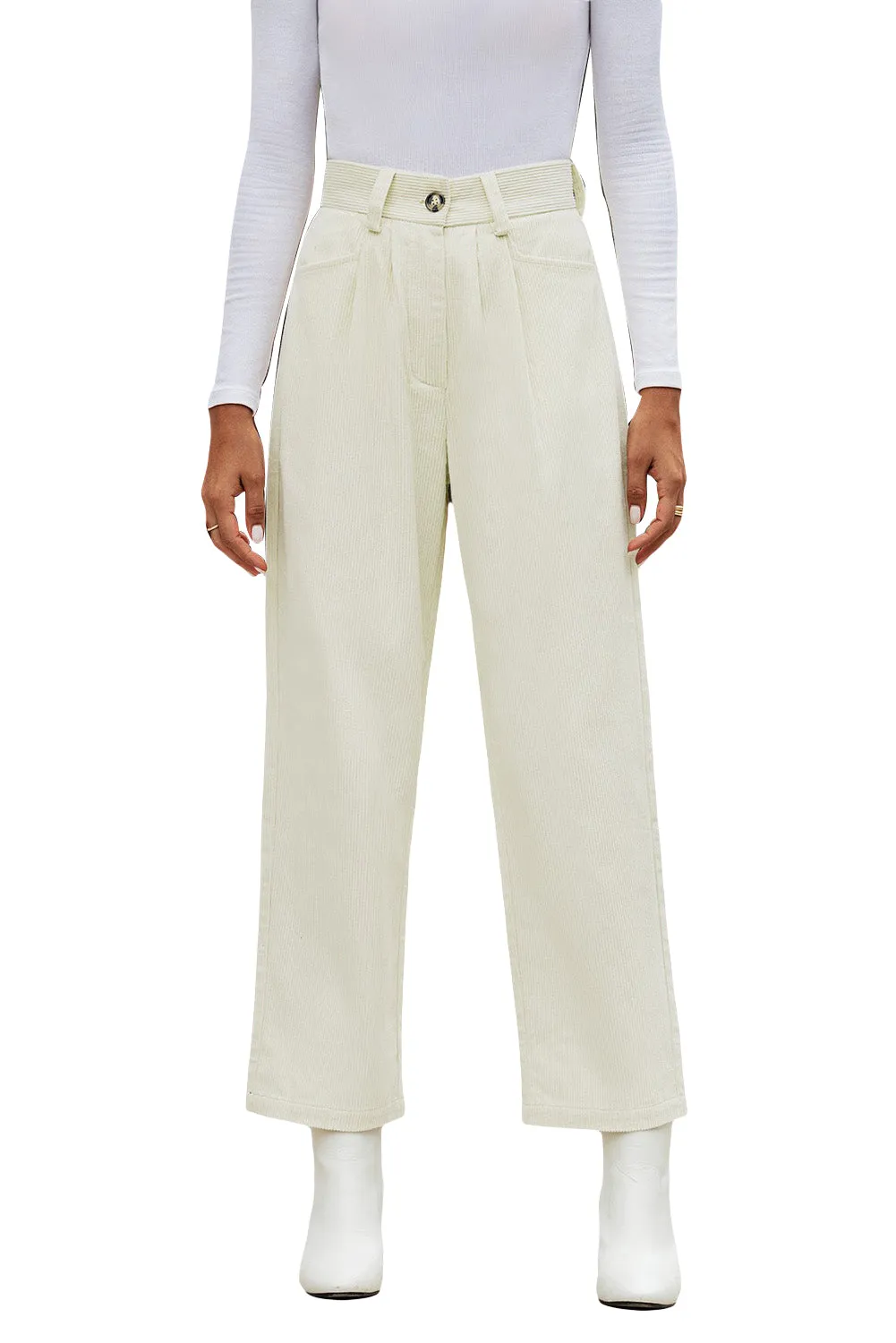 Beige Corduroy High Waist Straight Leg Pants