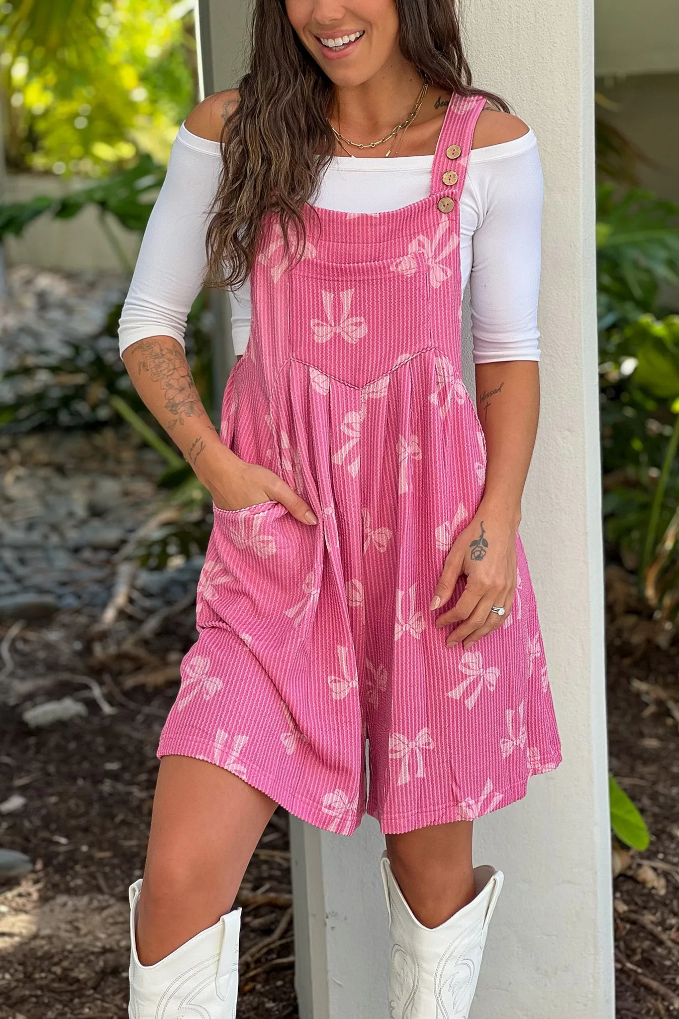 Berry Ribbed Bow Shortalls
