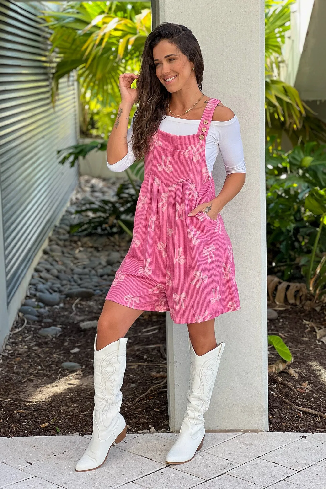 Berry Ribbed Bow Shortalls