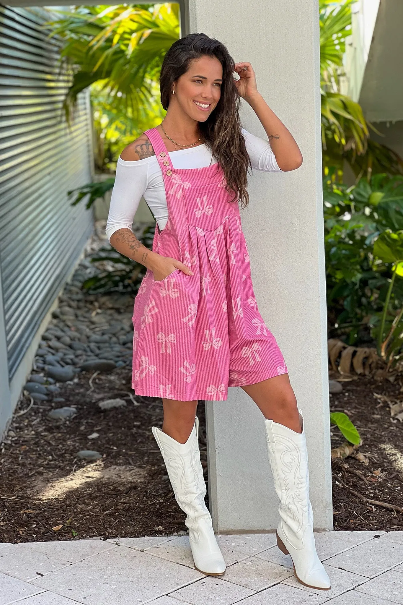 Berry Ribbed Bow Shortalls