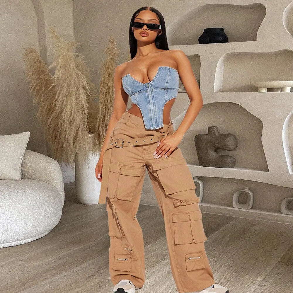 BerryBetty - Summer New Irregular Strapless Zipper Denim Crop Top Corset Women Blue Jeans Tube Tops Party Clubwear Streetwear Clothes
