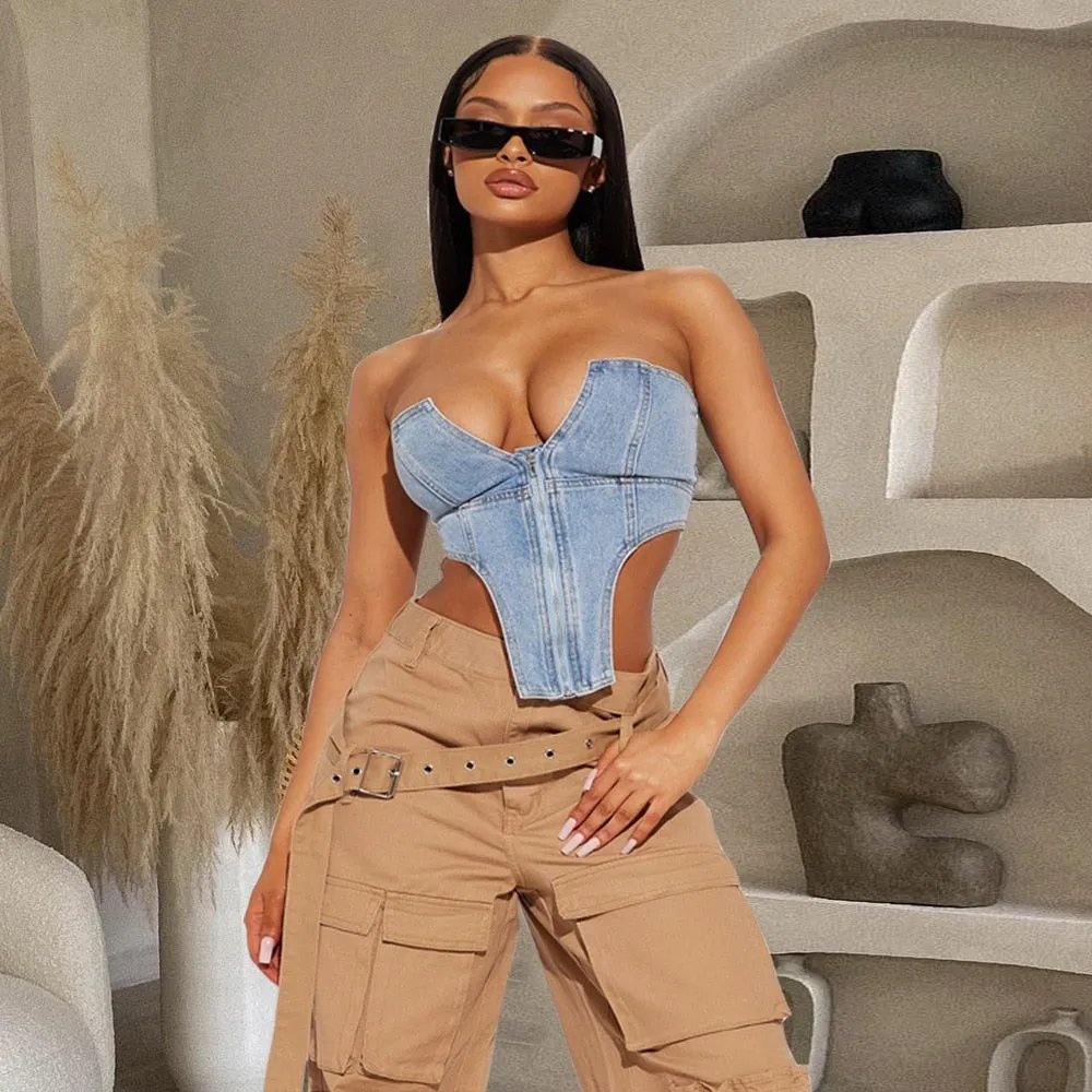 BerryBetty - Summer New Irregular Strapless Zipper Denim Crop Top Corset Women Blue Jeans Tube Tops Party Clubwear Streetwear Clothes