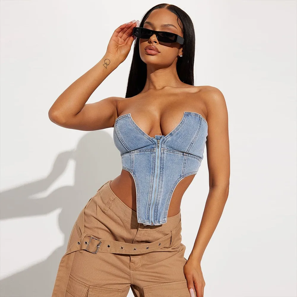 BerryBetty - Summer New Irregular Strapless Zipper Denim Crop Top Corset Women Blue Jeans Tube Tops Party Clubwear Streetwear Clothes