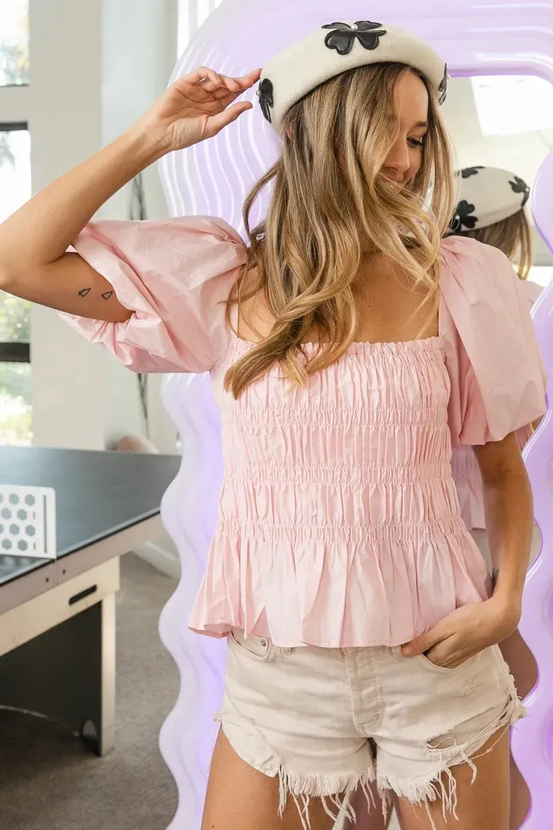 BiBi Puff Sleeve Square Neck Smocked Peplum Top
