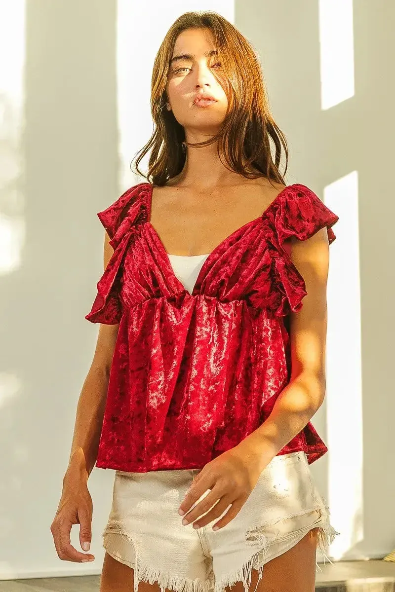 BiBi Ruffled Cap Crush Velvet Peplum Top