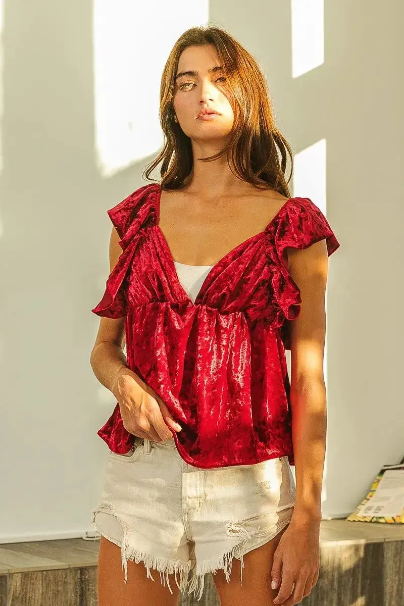 BiBi Ruffled Cap Crush Velvet Peplum Top
